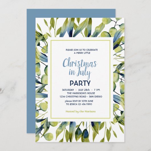  7月のクリスマスグリーン葉ブルーモダンパーティー  招待状 (正面/裏面)