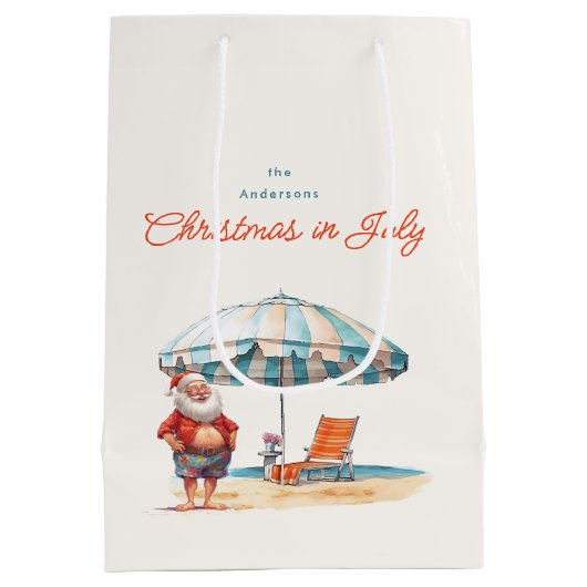 7月のクリスマスサマーサンタでのビーチ ミディアムペーパーバッグ (裏面)
