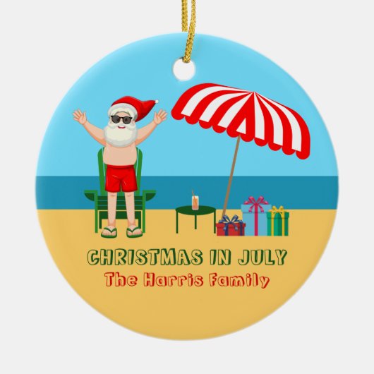 7月のクリスマスサマーサンタクロースかわいいビーチ セラミックオーナメント (正面)