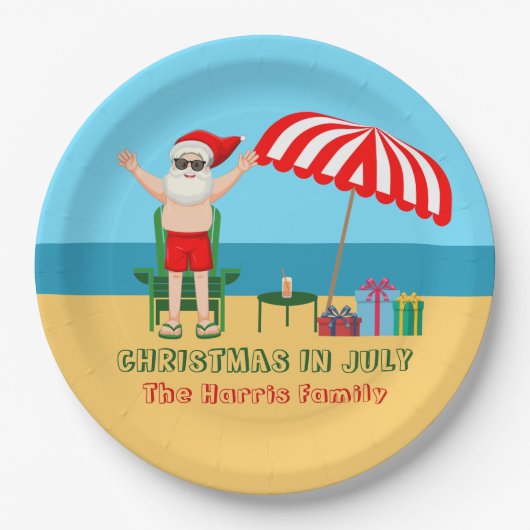 7月のクリスマスサマーサンタクロースビーチパーティー ペーパープレート (正面)