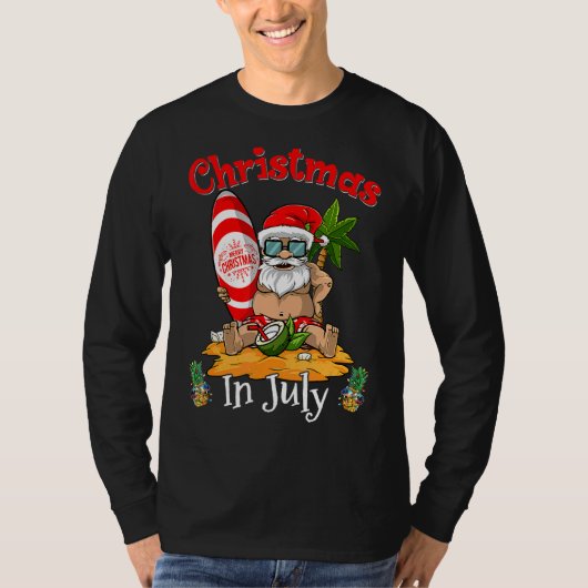 7月のクリスマスサマーサンタサーフィンビーチバカ Tシャツ (正面)