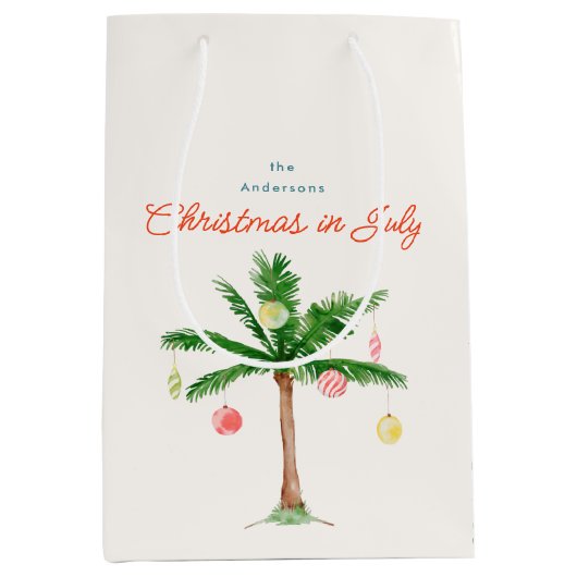 7月のクリスマスサマーパームツリーとオーナメント ミディアムペーパーバッグ (正面)