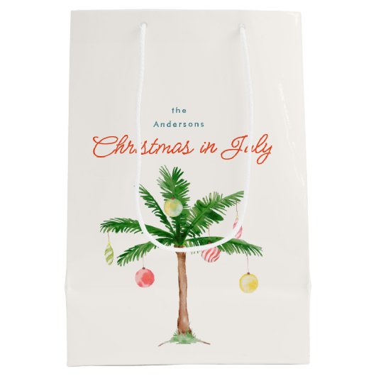 7月のクリスマスサマーパームツリーとオーナメント ミディアムペーパーバッグ (裏面)