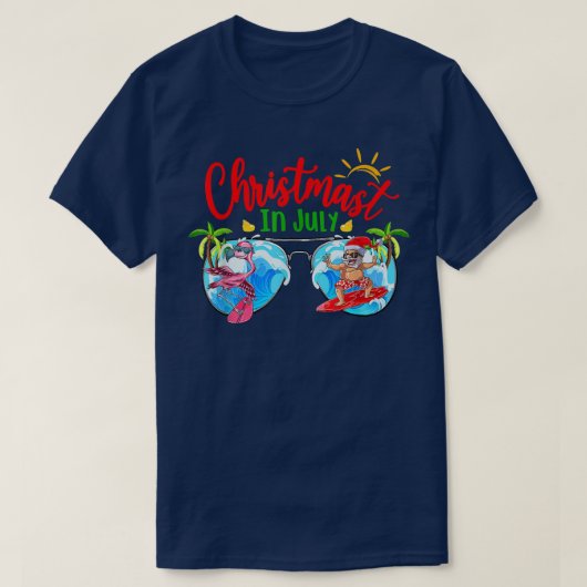 7月のクリスマスサングラスサンタビーチサマーXm Tシャツ (デザイン正面)