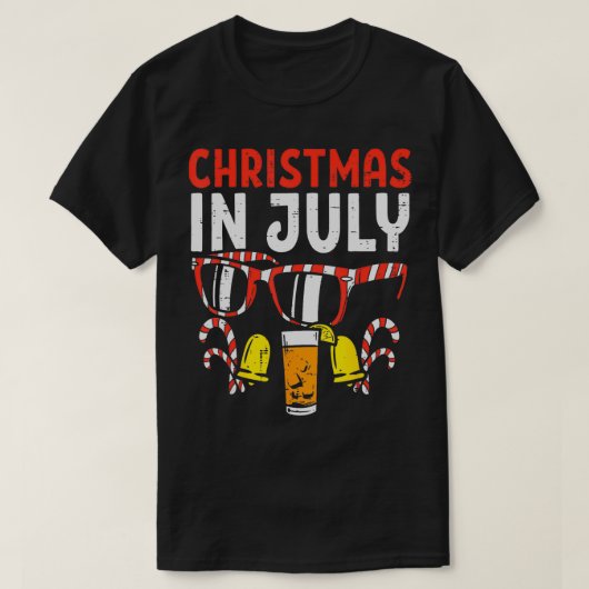7月のクリスマスサングラス飲む夏のクリスマス男性 Tシャツ (デザイン正面)