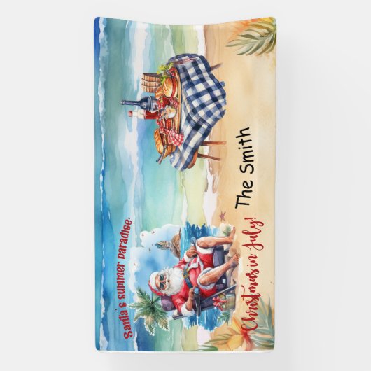 7月のクリスマスサンタクロースでのビーチ おもしろい 横断幕 (縦)