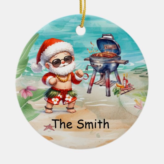 7月のクリスマスサンタクロースとビーチ セラミックオーナメント (正面)