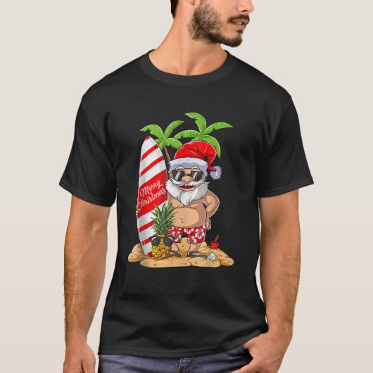 7月のクリスマスサンタサーフハワイアンメンズサマーS Tシャツ (正面)