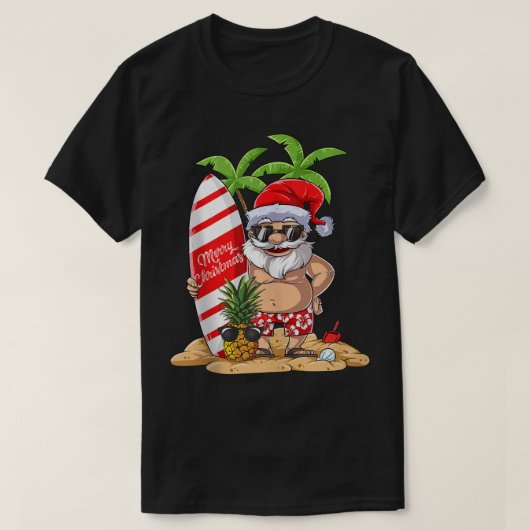 7月のクリスマスサンタサーフハワイアンメンズサマーS Tシャツ (デザイン正面)