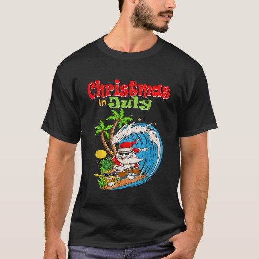 7月のクリスマスサンタハワイアンサマーサーフサーフィ Tシャツ (正面)