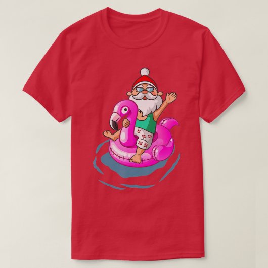 7月のクリスマスサンタハワイアンフラミンゴサマーS Tシャツ (デザイン正面)