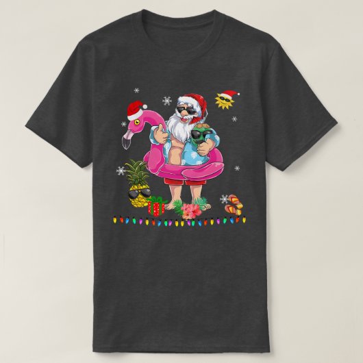 7月のクリスマスサンタハワイサングラスフラミンゴ Tシャツ (デザイン正面)