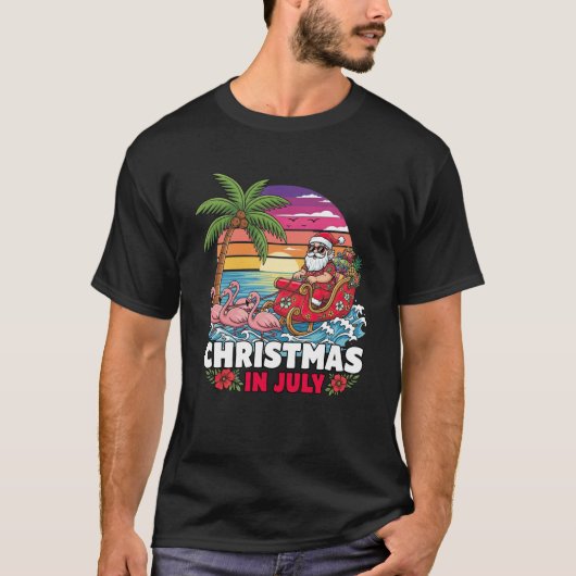 7月のクリスマスサンタビーチトリップトロピカルサマーバイブ Tシャツ (正面)