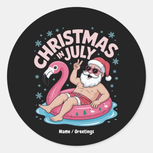 7月のクリスマスサンタフラミンゴおもしろい夏のクリスマス ラウンドシール (正面)