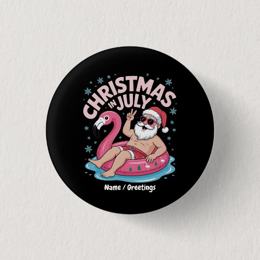 7月のクリスマスサンタフラミンゴおもしろい夏のクリスマス 缶バッジ (正面)