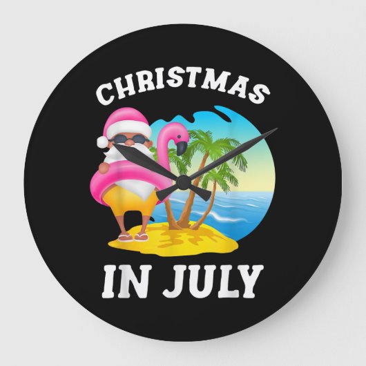 7月のクリスマスサンタフラミンゴプール夏 ラージ壁時計 (正面)