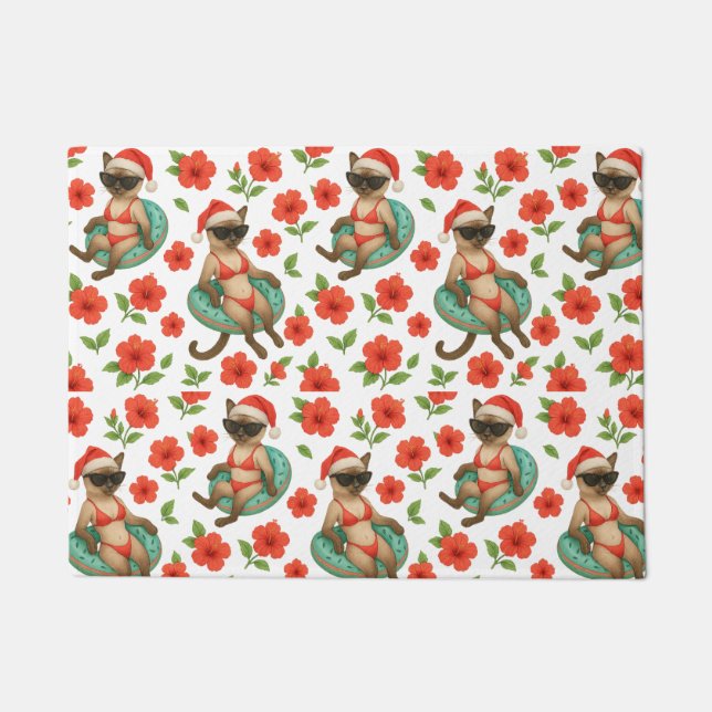 7月のクリスマスシャムの猫好きハワイ ドアマット (正面)