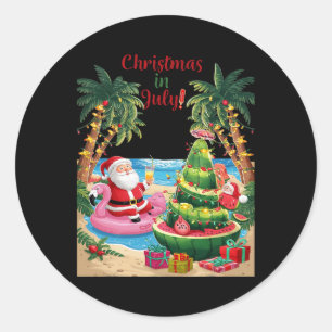 7月のクリスマススイカのクリスマスツリーサンタビーチ ラウンドシール