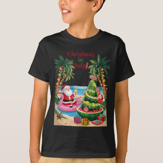 7月のクリスマススイカのクリスマスツリーサンタビーチ Tシャツ (正面)