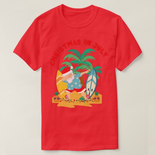 7月のクリスマスダビングサンタトロピカルビーチス Tシャツ (デザイン正面)