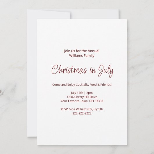 7月のクリスマストロピカルパームツリーズビーチパーティー 招待状 (裏面)