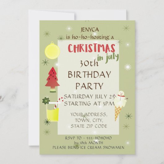 7月のクリスマスバースデーパーティーへの招待 招待状 (正面)