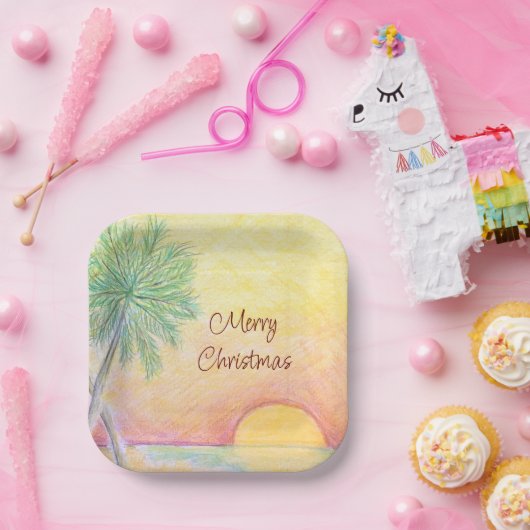 7月のクリスマスパーティー熱帯ビーチ カラフル ペーパープレート (パーティー)