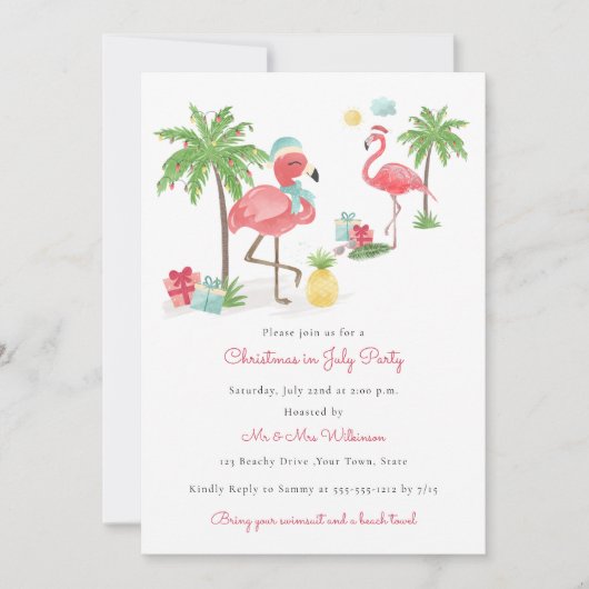 7月のクリスマスフラミンゴモダンパーティー 招待状 (正面)
