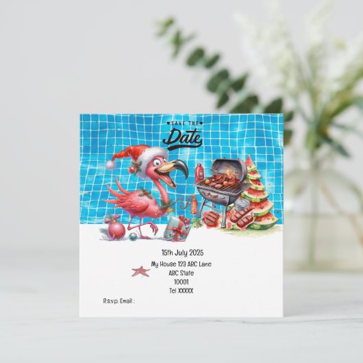 7月のクリスマスフラミンゴ日付を保存するパーティー 招待状 (スタンド正面)