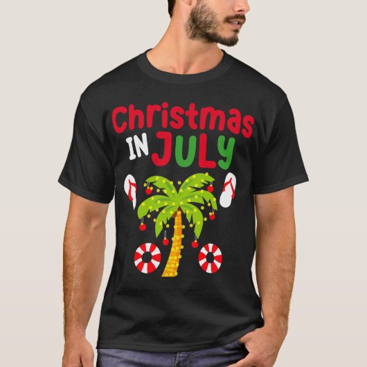 7月のクリスマスフリップフロップ夏おもしろいのクリスマスメンズ Tシャツ (正面)