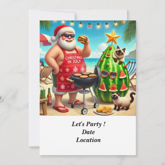 7月のクリスマスプールパーティーとサンタクロース 招待状 (正面)