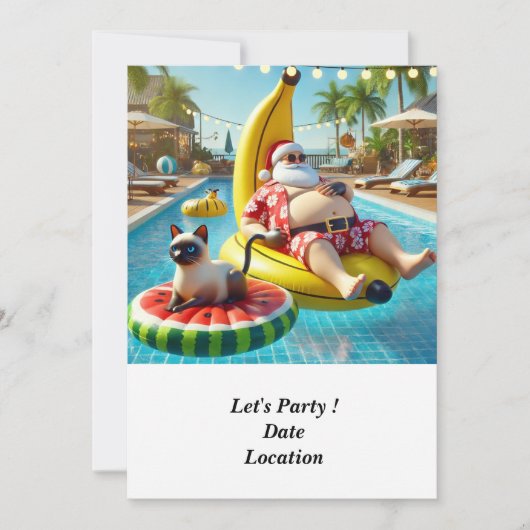 7月のクリスマスプールパーティーとサンタクロース 招待状 (正面)