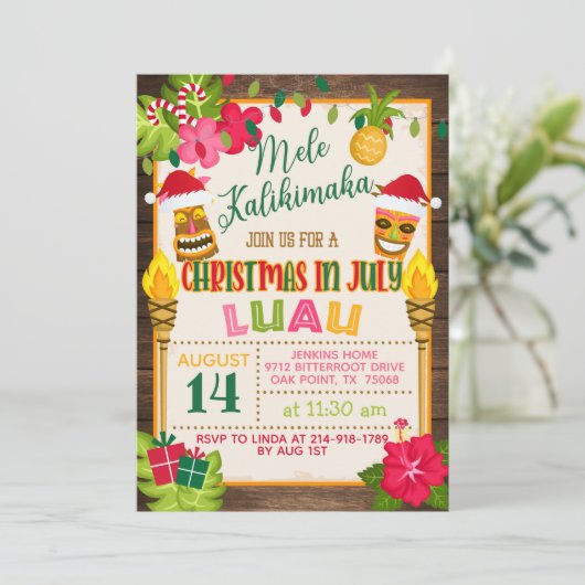 7月のクリスマスルアウ（ハワイ式宴会）招待状 招待状 (スタンド正面)