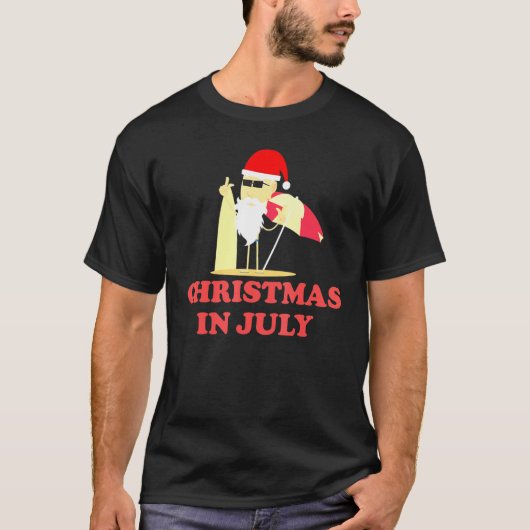 7月のクリスマス夏サンタクロースのサーフボードGif Tシャツ (正面)