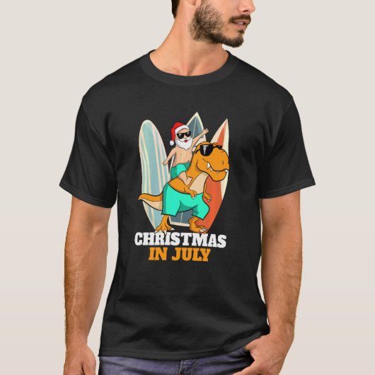 7月のクリスマス恐竜クリスマスサングラスサンタI Tシャツ (正面)