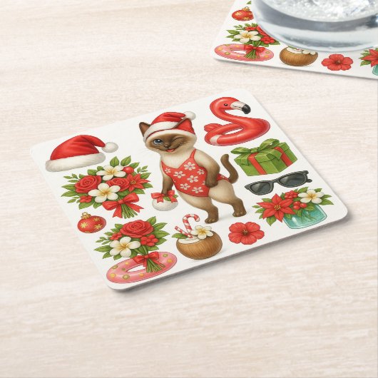 7月のクリスマス猫好きプールパーティー スクエアペーパーコースター (アングル)