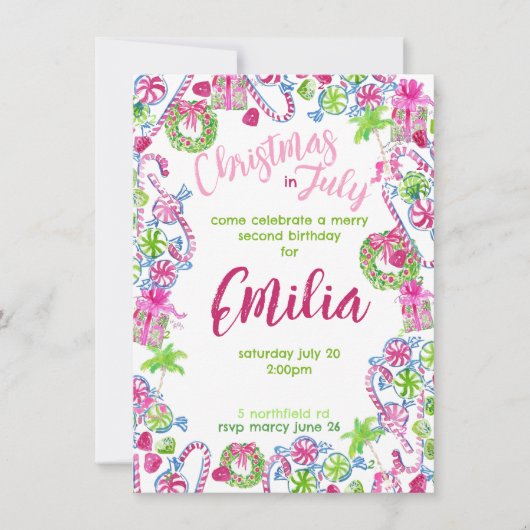 7月のクリスマス誕生日パーティー招待状 招待状 (正面)