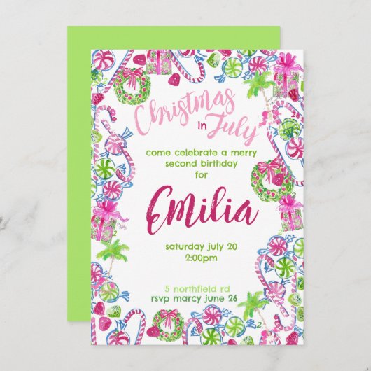 7月のクリスマス誕生日招待状 招待状 (正面/裏面)
