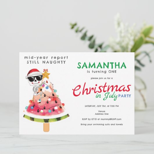 7月のクリスマス　いたずら？それともいい子？幼児の誕生日 招待状 (スタンド正面)