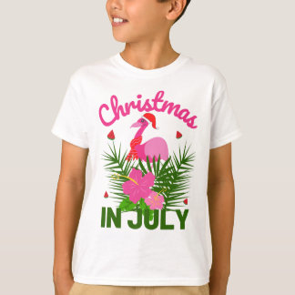 7月のクリスマス かわいいサンタ フラミンゴ Tシャツ