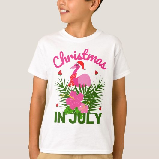 7月のクリスマス かわいいサンタ フラミンゴ Tシャツ (正面)