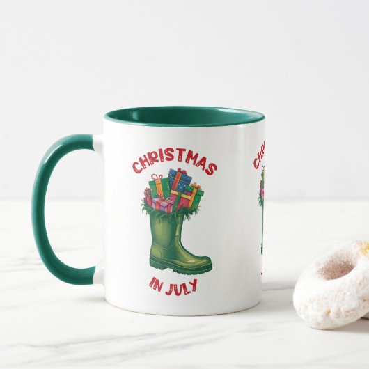 7月のクリスマス、サンタの幸せのブーツ マグカップ (ドーナツ)
