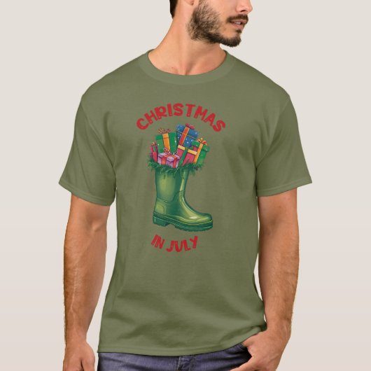 7月のクリスマス、サンタの幸せのブーツ Tシャツ (正面)