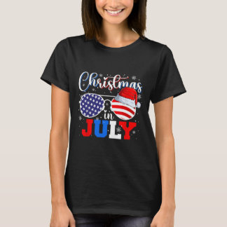 7月のクリスマス サンタハット サングラス USA フラッグ 7月4日 O Tシャツ