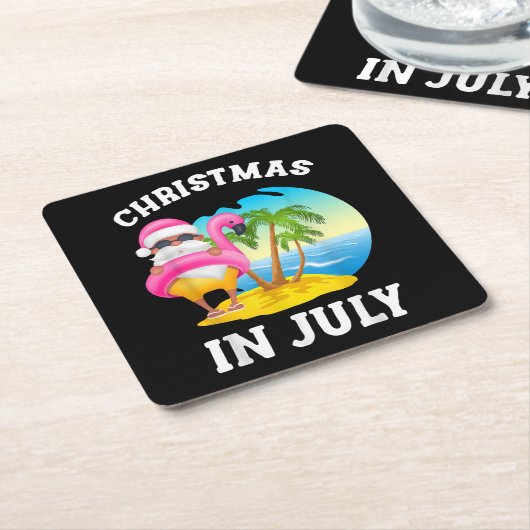 7月のクリスマス,サンタフラミンゴプールの夏 スクエアペーパーコースター (アングル)
