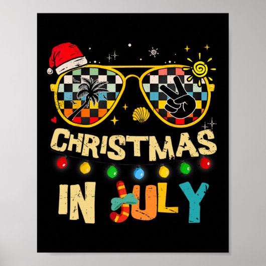 7月のクリスマス サンタ帽子 サングラス 夏休み ポスター (正面)