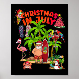 7月のクリスマス サンタ サングラス ハワイアン ビーチ パームツリー ポスター