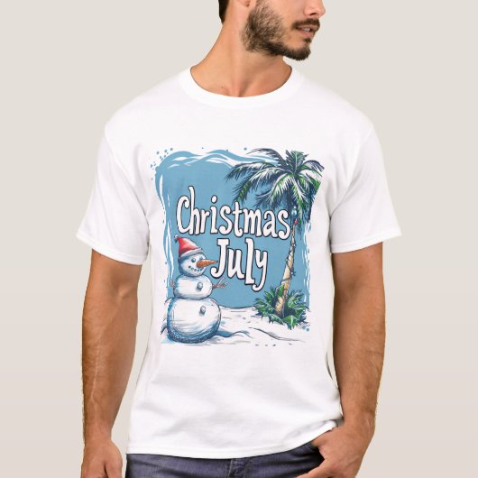 7月のクリスマス スノーマンとヤシの木デザイン Tシャツ (正面)