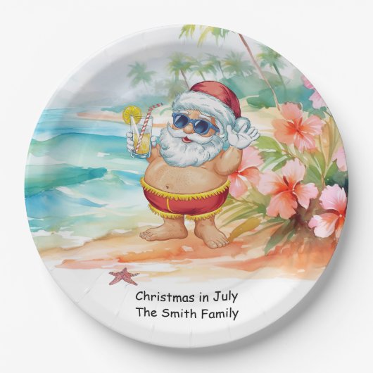 7月のクリスマス、ビーチのサンタクロース  ペーパープレート (正面)