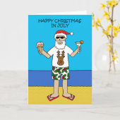 7月のクリスマス、ビーチのサンタ。 カード (黄色い花)